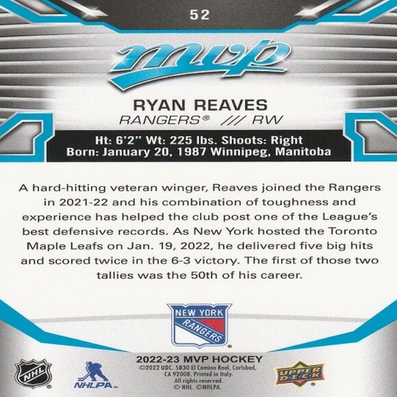 Ryan Reaves - 2022/2023 Upper Deck MVP NHL Hockey Series Card - Card Number 52 - Picture 2 of 2